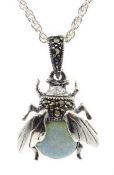 Silver opal and marcasite bug pendant necklace,