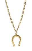 18ct gold horseshoe pendant hallmarked, on 18ct gold flattened curb link necklace,