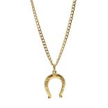 18ct gold horseshoe pendant hallmarked, on 18ct gold flattened curb link necklace,