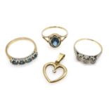 Gold three stone diamond ring stamped 18ct, topaz and diamond ring,