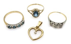 Gold three stone diamond ring stamped 18ct, topaz and diamond ring,