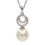 18ct white gold diamond swirl and pearl pendant necklace,