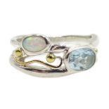 Silver and 14ct gold wire opal and topaz ring,
