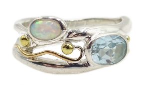 Silver and 14ct gold wire opal and topaz ring,