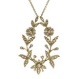 Edwardian gold split seed pearl and three stone diamond,