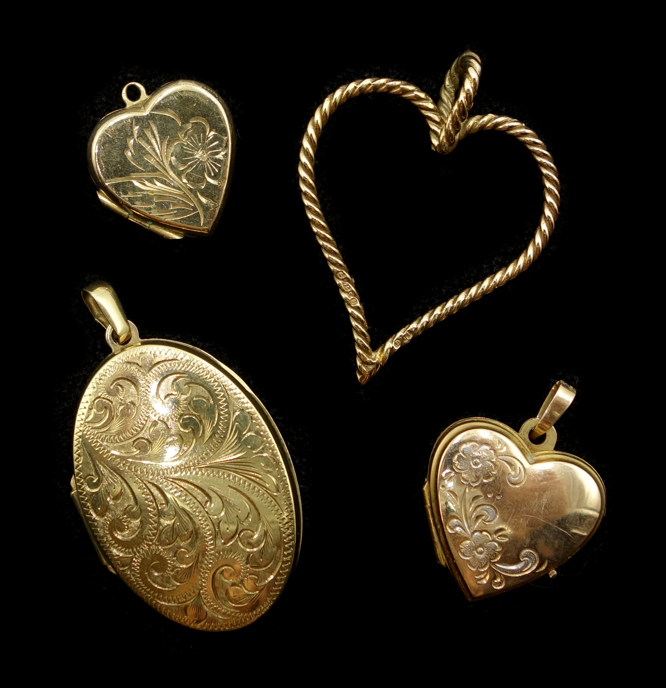 Gold rope twist heart pendant and three gold locket pendants, all hallmarked 9ct, approx 10.