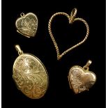 Gold rope twist heart pendant and three gold locket pendants, all hallmarked 9ct, approx 10.