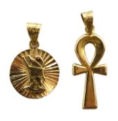 Gold Pharaoh pendant and an Ankh gold pendant, both with 18ct Egyptian hallmark, approx 5.