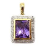 9ct gold amethyst and diamond pendant,