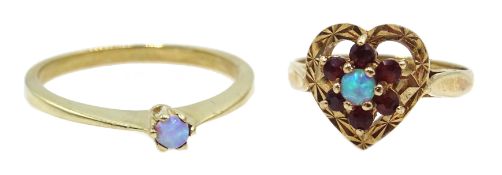 Gold garnet and opal heart shaped ring and single stone opal ring,