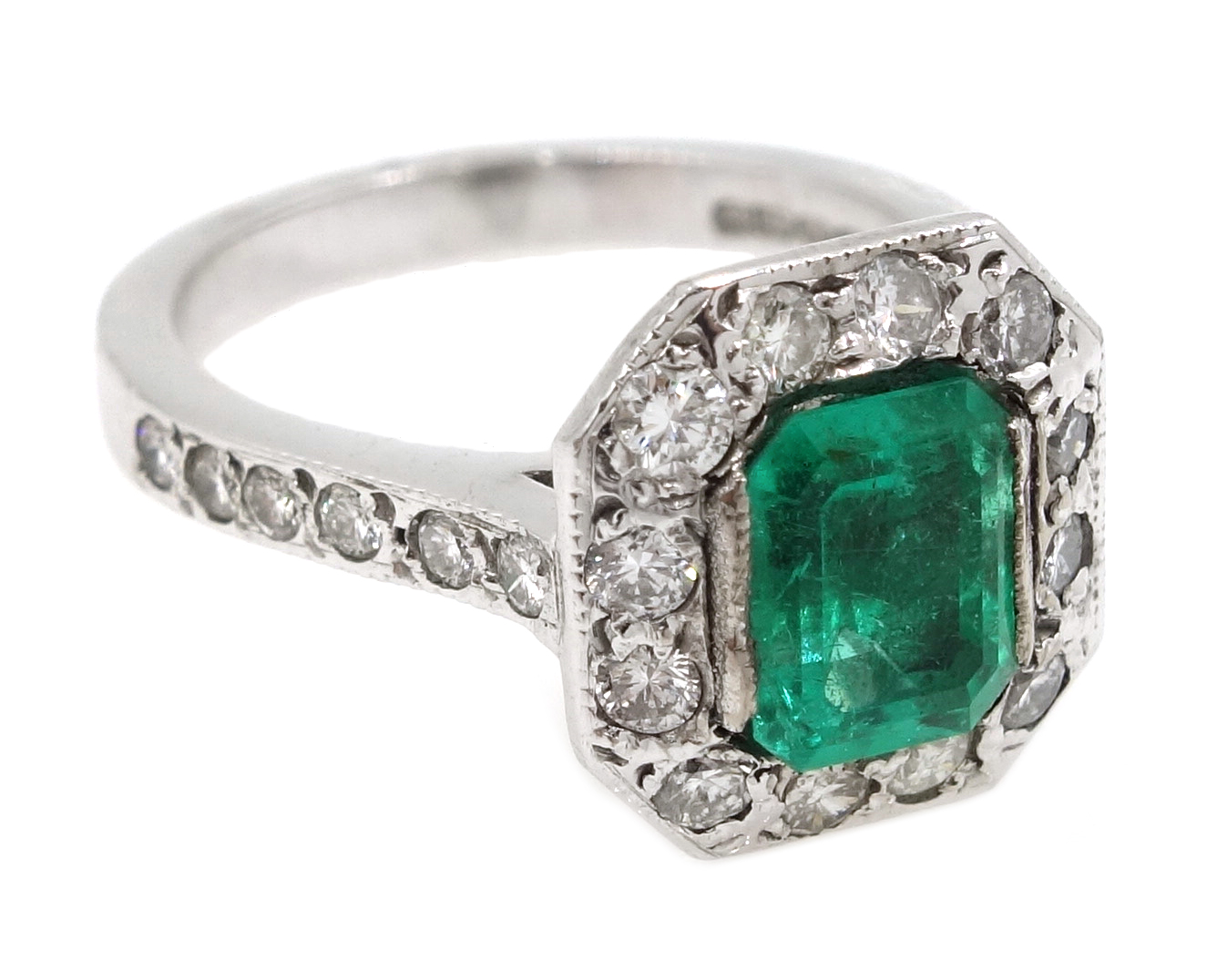 18ct white gold emerald and diamond cluster ring, with diamond set shoulders, - Image 2 of 3