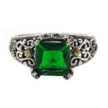 Silver green stone and marcasite set ring,