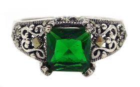 Silver green stone and marcasite set ring,