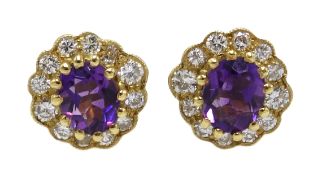 Pair of 18ct gold amethyst and diamond cluster stud earrings,