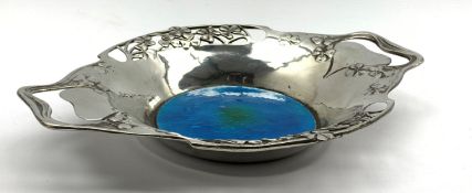 Art Nouveau Liberty polished pewter and blue enamel two handled dish designed by Archibald Knox No.