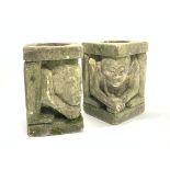 Pair composite stone garden plinths in the form of hunched gargoyles,