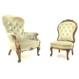 Victorian walnut framed armchair, upholstered in buttoned green velvet,