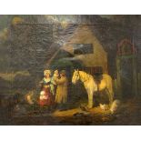 English School (19th century): Figures Outside Country House with Horse, hens and a Pig,