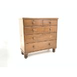 Victorian stained pine chest of two short and three long graduating drawers,