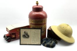 Tea canister converted to a lamp, modern 'Kemp's Biscuits' tin in the form of a vintage truck,