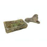 Small composite stone garden recumbant lion, (L62cm) and a rectangular shallow stone trough,