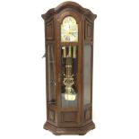 20th century German oak longcase clock, eight day three weight Westminster chiming movement,