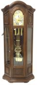 20th century German oak longcase clock, eight day three weight Westminster chiming movement,