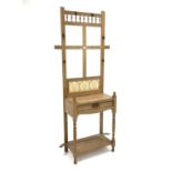 20th century oak hall stand with tile back and drawer, W81cm, \h184cm,