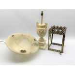 Alabaster plafonnier A/F, brass hall lantern (without glass) and a table lamp,