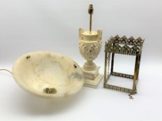 Alabaster plafonnier A/F, brass hall lantern (without glass) and a table lamp,