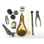 Shooting accessories including a large copper and brass powder flask L20cm,
