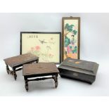 Pair small oak stools with carved lozenge shape decoration, black laquer box with inlaid decoration,