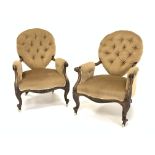 Pair Victorian rosewood upholstered open armchairs, buttoned spoon back, scrolled arm terminals,
