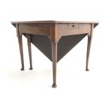 George III mahogany drop leaf side table, triangle top above box frieze with single drawer,