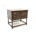 17th century Jacobean design oak low chest of two long drawers with geometric panelled fronts and