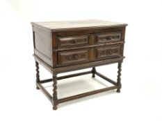 17th century Jacobean design oak low chest of two long drawers with geometric panelled fronts and