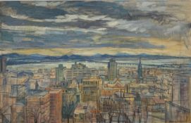 Anne Harcourt (American 1917-1985): Montreal Skyline, oil on canvas, signed 61cm x 97cm,