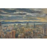 Anne Harcourt (American 1917-1985): Montreal Skyline, oil on canvas, signed 61cm x 97cm,