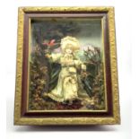 Cased clockwork automaton doll wearing a silk dress in a naturalistic garden setting,