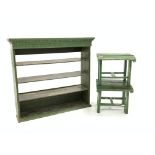 19th century green painted pine three hight plate rack with dentil cornice,