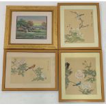 Birds in Trees, three oriental paintings on silk 30cm x 24cm and Oriental Landscape,