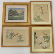 Birds in Trees, three oriental paintings on silk 30cm x 24cm and Oriental Landscape,