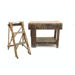 Small vintage pine workbench with vice and under tier, (W91cm) and a Hatherly two rung step ladder,