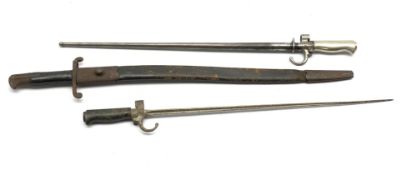 British Pattern 1856 sword bayonet with 58cm steel blade and leather scabbard 71cm overall,