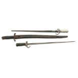 British Pattern 1856 sword bayonet with 58cm steel blade and leather scabbard 71cm overall,