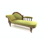 Late Victorian carved walnut chaise longue, upholstered in green velvet,