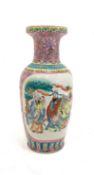 20th Century Cantonese vase with panels of figures and flowers H47cm