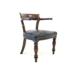 Victorian mahogany tub shaped desk chair, upholstered seat, turned supports,