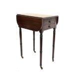 Small Georgian inlaid mahogany drop leaf work table, with two drawers and two faux drawers,
