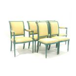 Set six (2+4) painted hardwood dining chairs, with upholstered seat and back panels,